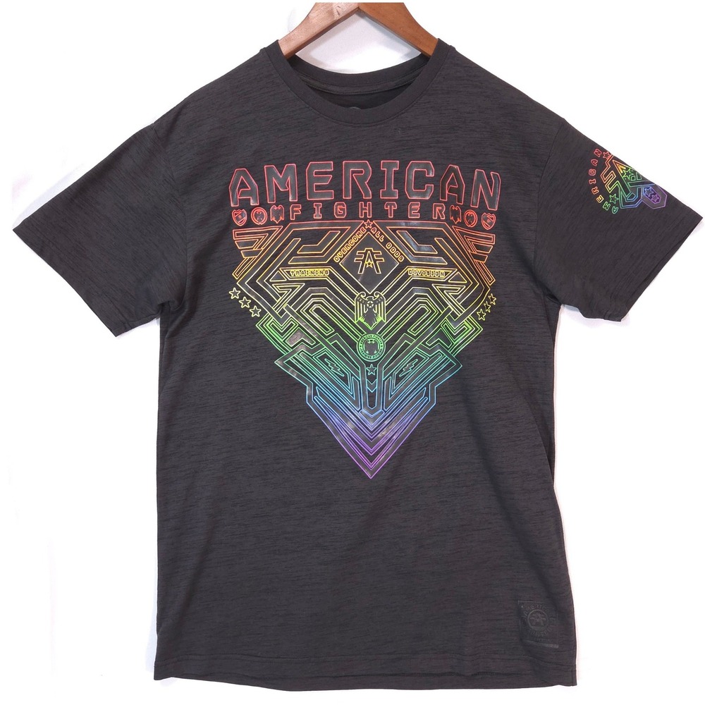 American Fighter Mens XL T-Shirt Rainbow Graphic Tee Charcoal Gray Cyber Y2k